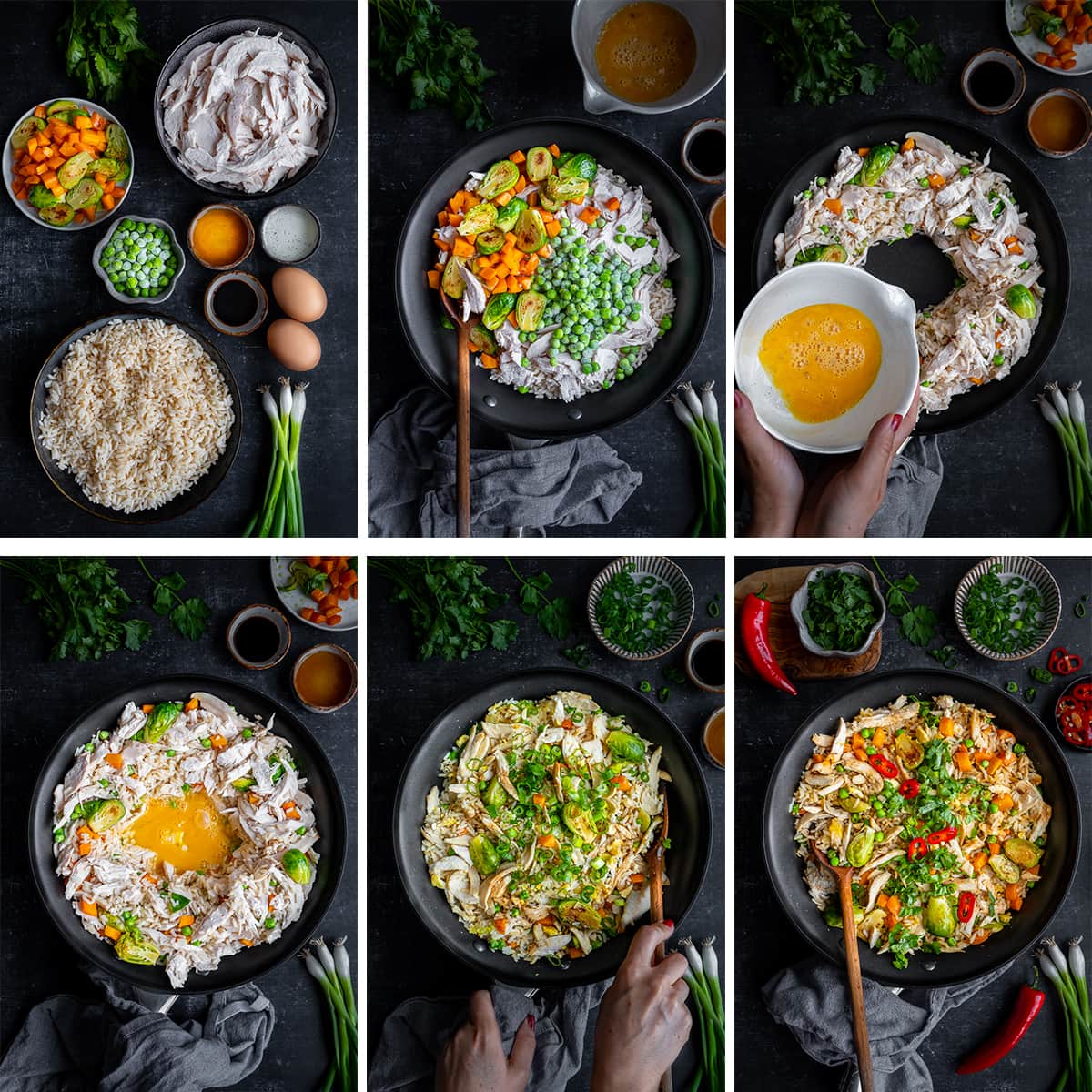 Collage showing 6 process shots for Leftover Turkey Fried Rice