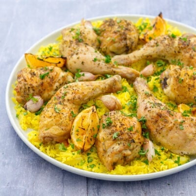 Lemon and Garlic Chicken Traybake with Saffron Rice Pilaf