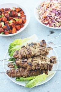 Mexican Roasted Sweet Potato Cubes, Easy Peasy Coleslaw & Lamb Kebabs