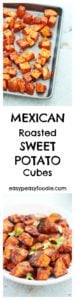 Delicious cubes of sweet potato, coated in spices, garlic and lime juice and roasted in the oven for just 20 minutes, these Mexican Roasted Sweet Potato Cubes make a delicious side dish for tacos, fajitas and BBQs.