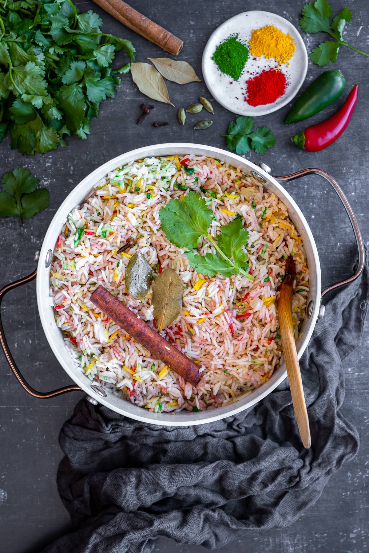 Overhead shot of Multicoloured Pilau Rice in the pan