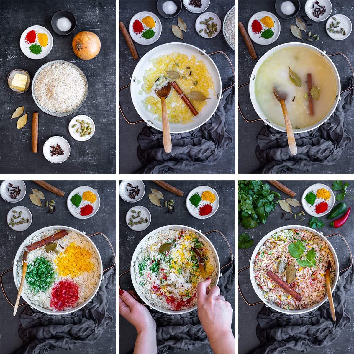 Collage showing 6 process shots for Multicoloured Pilau Rice