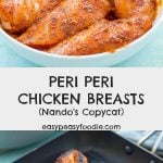 A quick and easy recipe for a homemade version of Nando’s Peri Peri Chicken Breasts. Perfect for a busy midweek evening! #nandos #nandoschicken #periperichicken #piripirichicken #periperichickenbreasts #nandoschickenbreasts #periperimarinade #periperi #fakeaway #panfriedchickenbreasts #easydinners #30minutemeals #familydinners #midweekmeals #easypeasyfoodie #cookblogshare