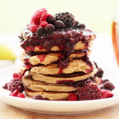 Oat, Almond and Banana Pancakes with Frozen Berry Compote (Gluten Free, Dairy Free, Egg Free, Vegan)