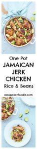 Bursting with exciting spicy Jamaican flavours, this simple One Pot Jerk Chicken, Rice and Beans is ready in well under an hour and creates very little washing up – my idea of the perfect midweek meal! #jamaican #jerkchicken #onepot