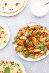 Oven Baked Chicken Shawarma with Garlic Sauce, Tabbouleh, Hummus and Flatbreads