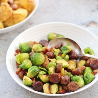 Pan Fried Sprouts with Chestnuts and Bacon