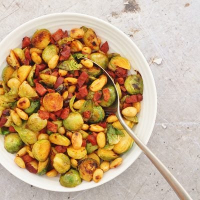 Pan Fried Sprouts with Chorizo and Almonds