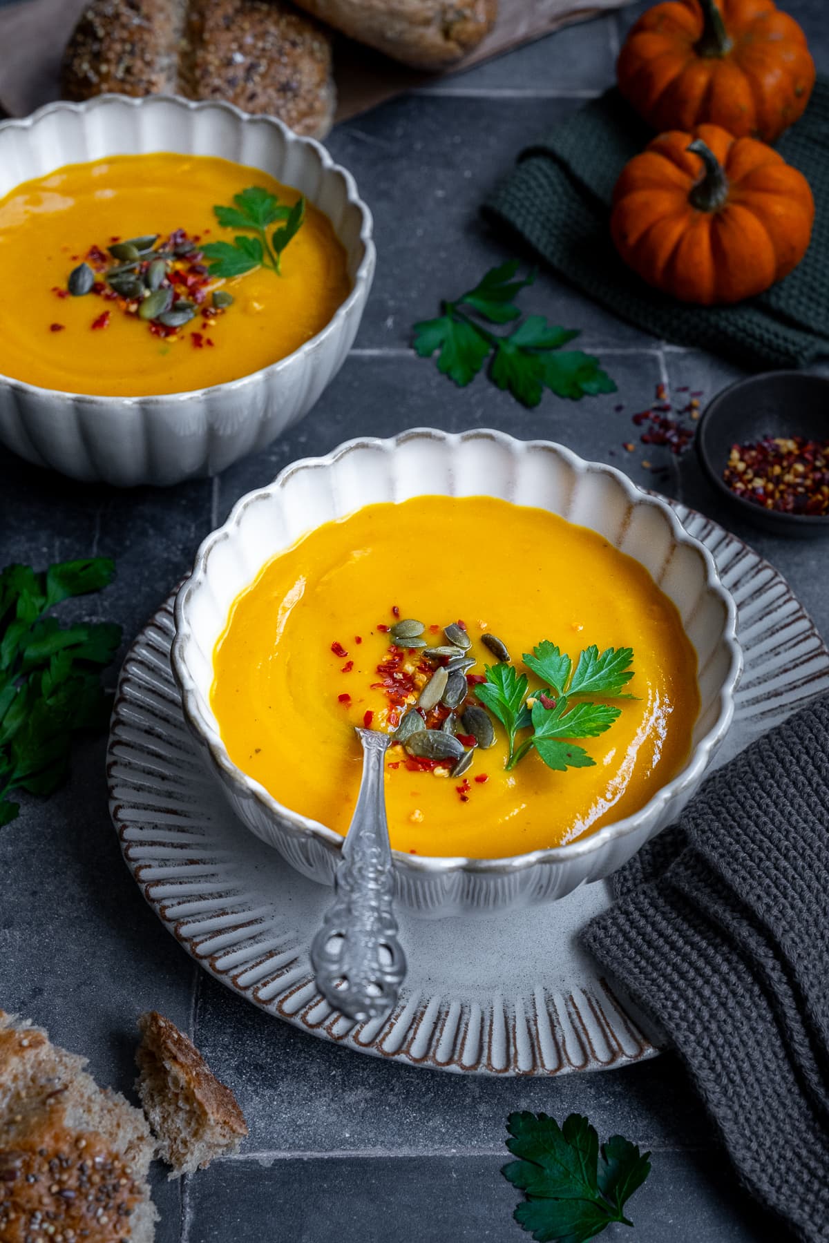 Two bowls of Pumpkin and Sweet Potato Soup