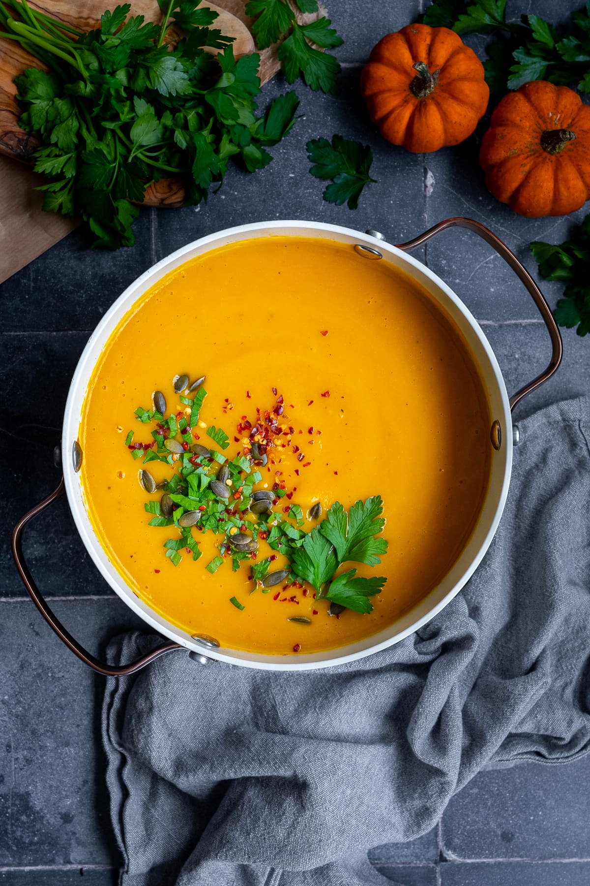 Overhead shot of Pumpkin and Sweet Potato Soup in the pan