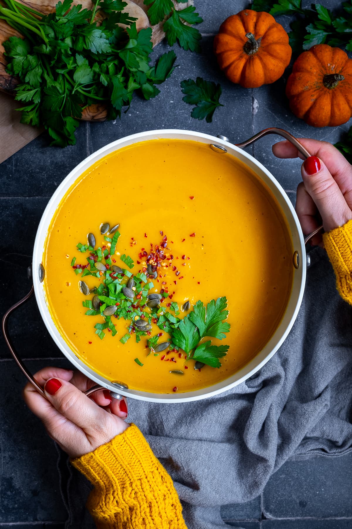 Pumpkin and Sweet Potato Soup in the pan