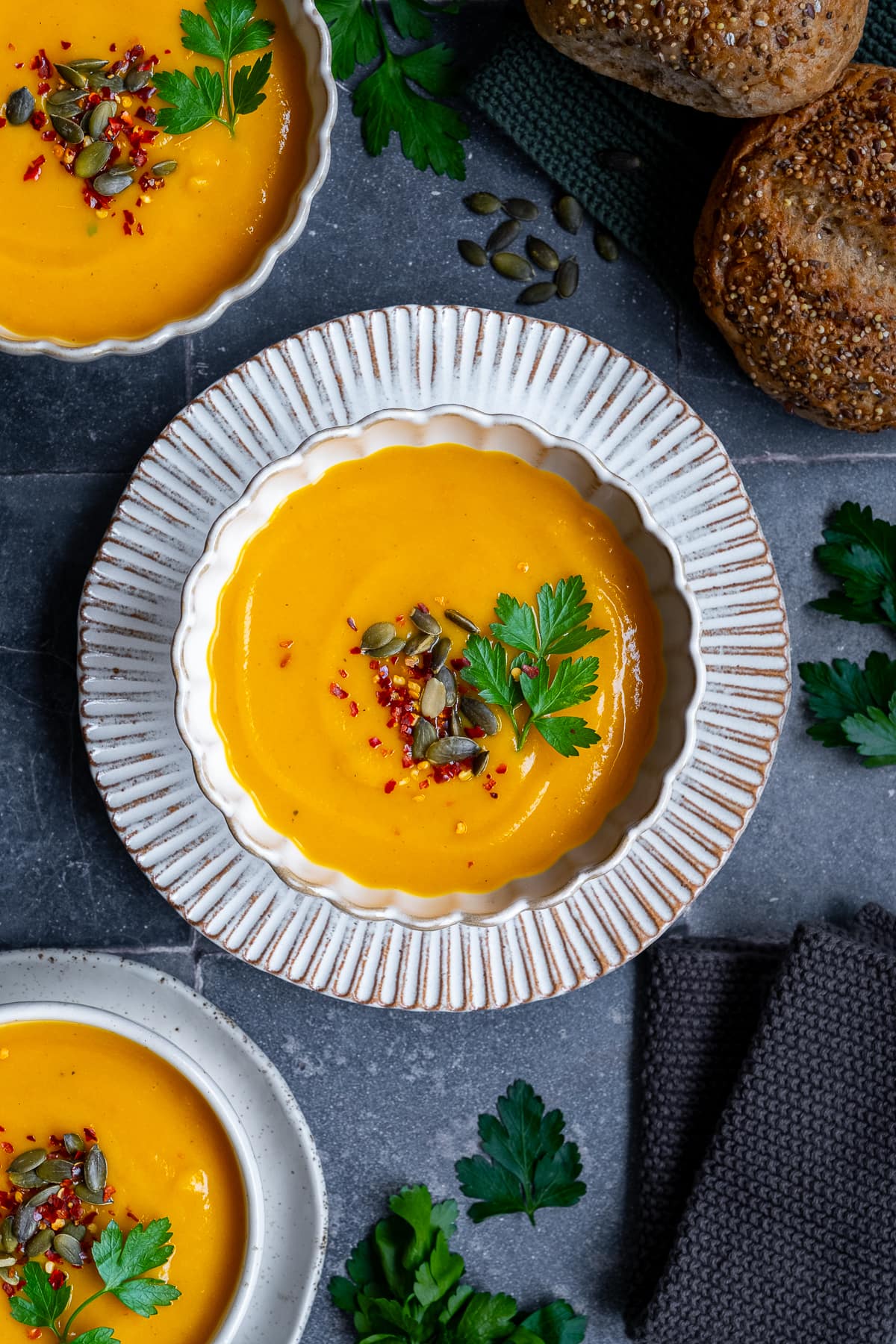 Overhead shot of Pumpkin and Sweet Potato Soup