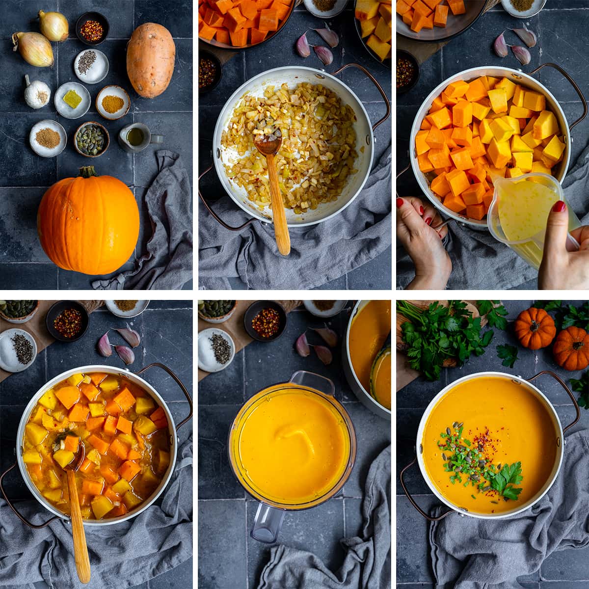 Collage showing 6 process shots for Pumpkin and Sweet Potato Soup