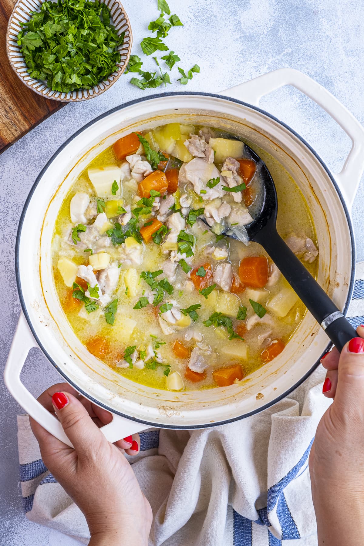 Quick Chicken Stew in the pan - held by 2 female hands