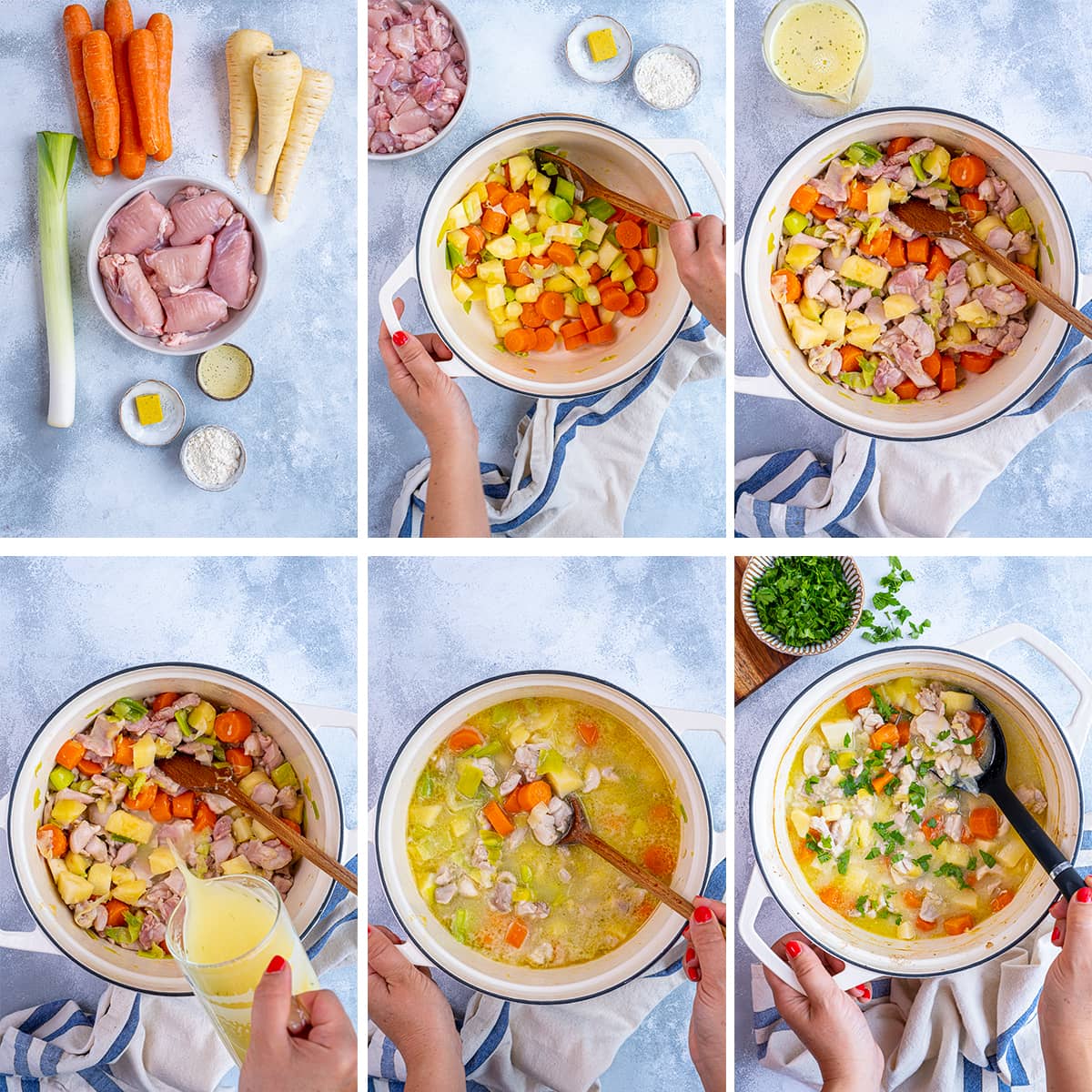 Collage showing 6 process shots for Quick Chicken Stew