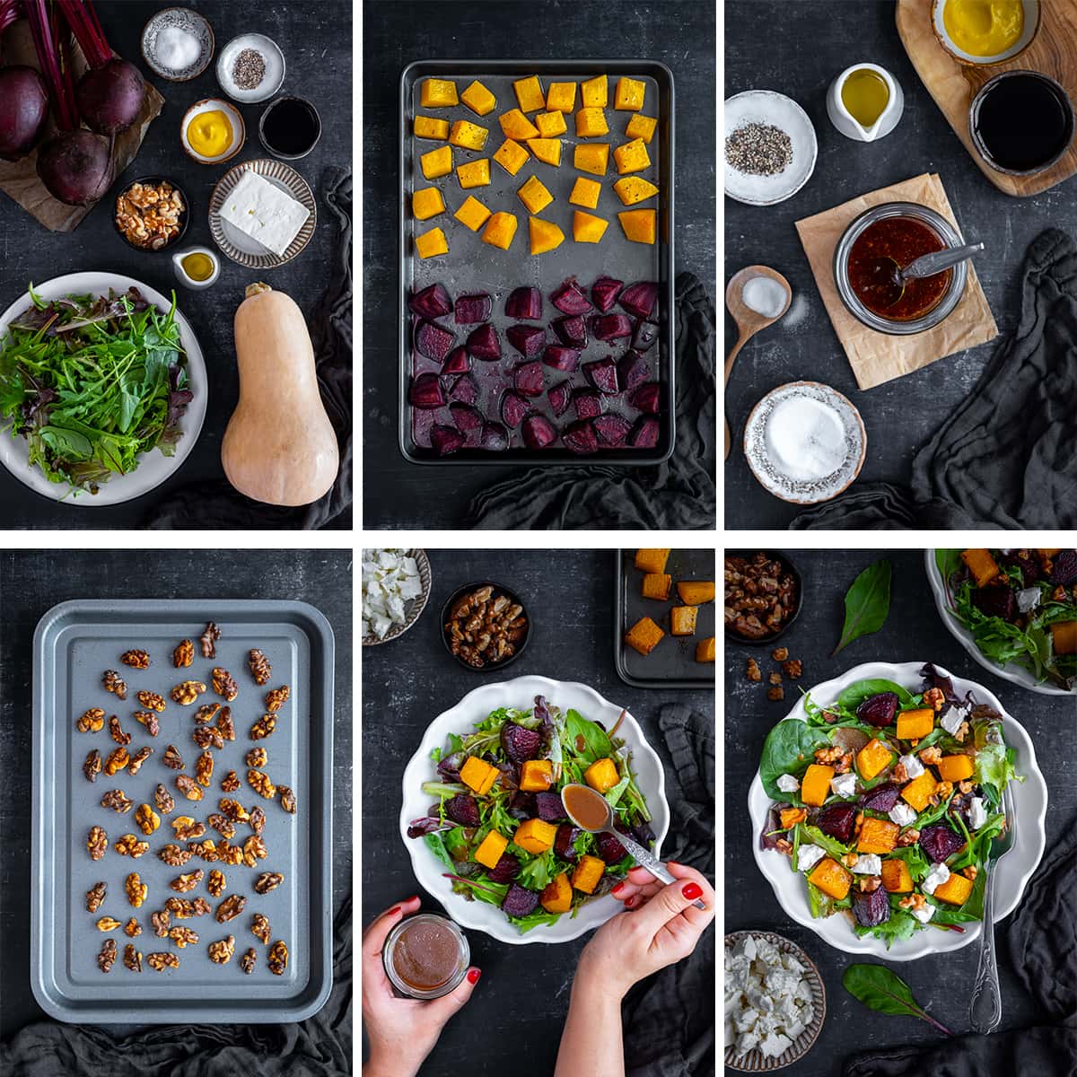 Collage showing 6 process shots for Roasted Butternut Squash and Beetroot Salad with Feta and Walnuts