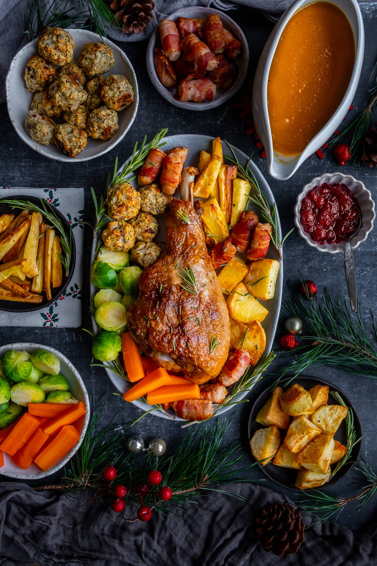 Slow Roast Turkey Leg and Amazing Turkey Gravy with Christmas vegetables and all the trimmings