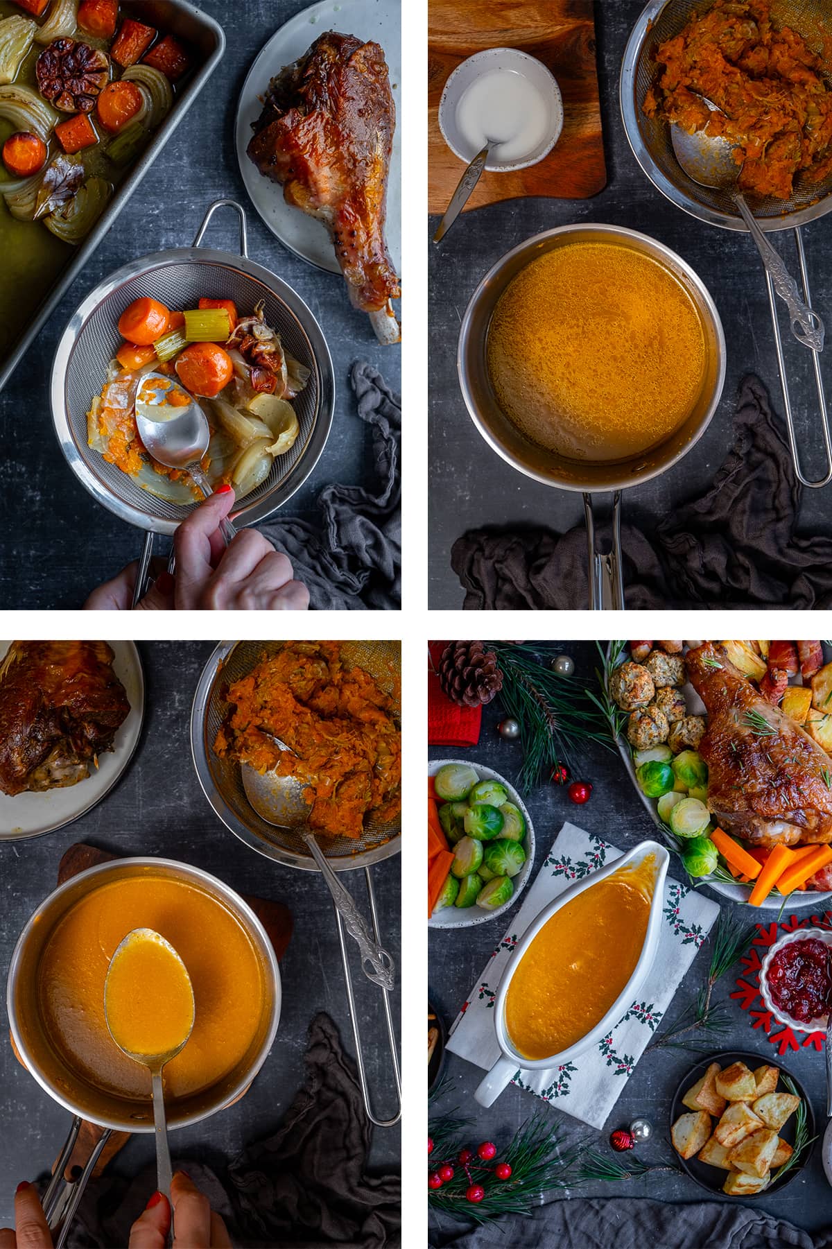 Collage showing 4 process shots for Amazing Turkey Gravy