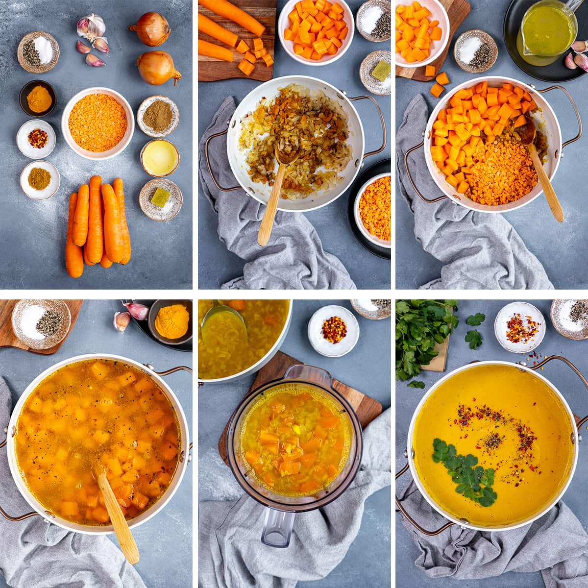 Collage showing 6 process shots for Spiced Carrot and Lentil Soup