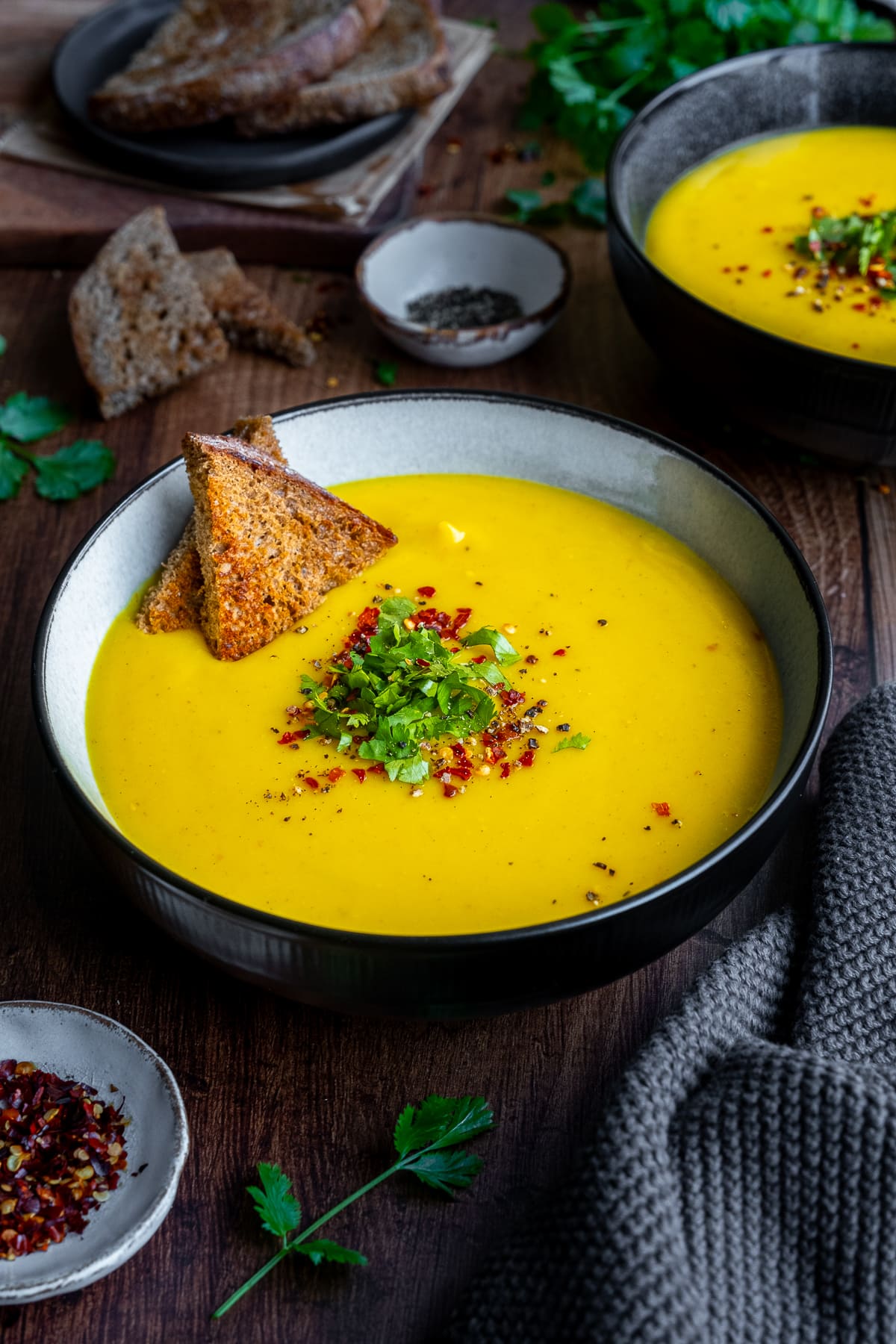 Closeup of 1 bowl of Spicy Parsnip Soup