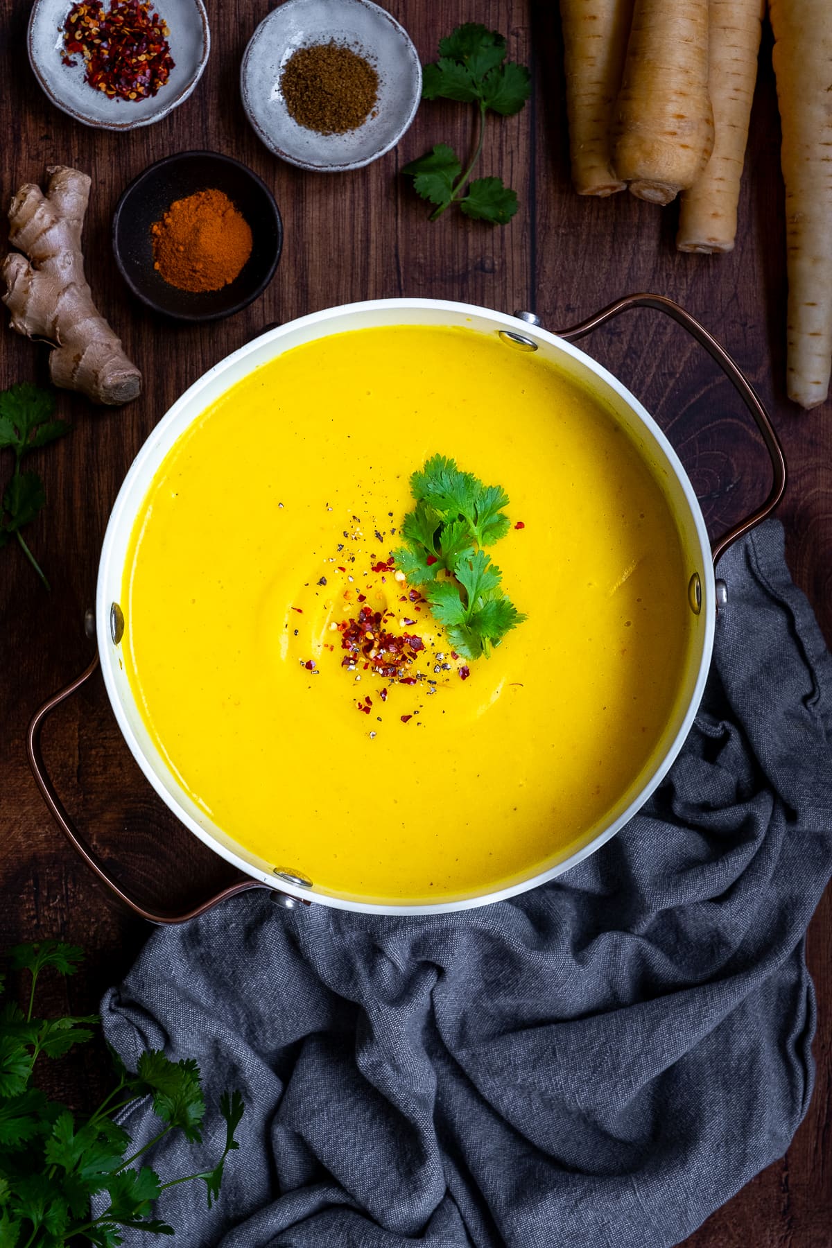 Overhead shot of Spicy Parsnip Soup in the pan