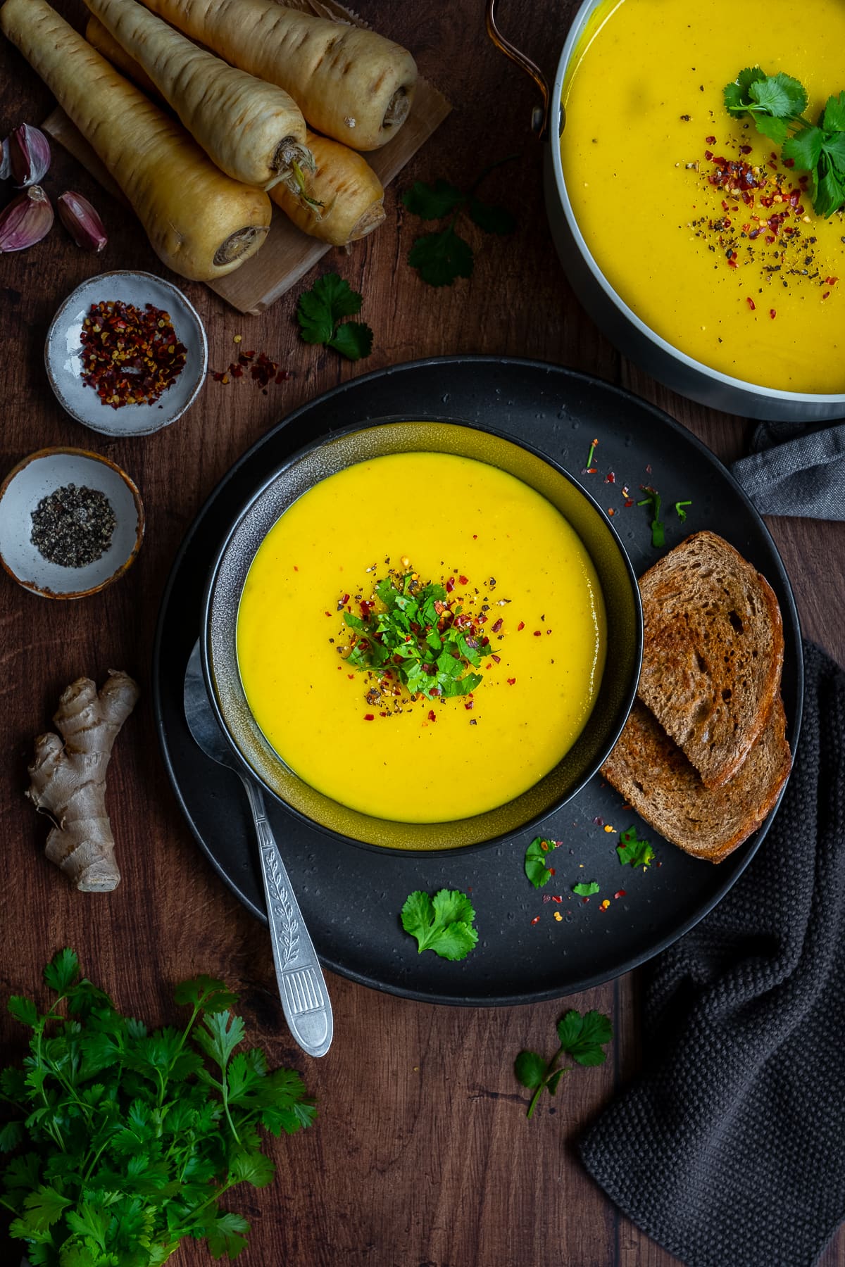 Spicy Parsnip Soup served with brown bread.