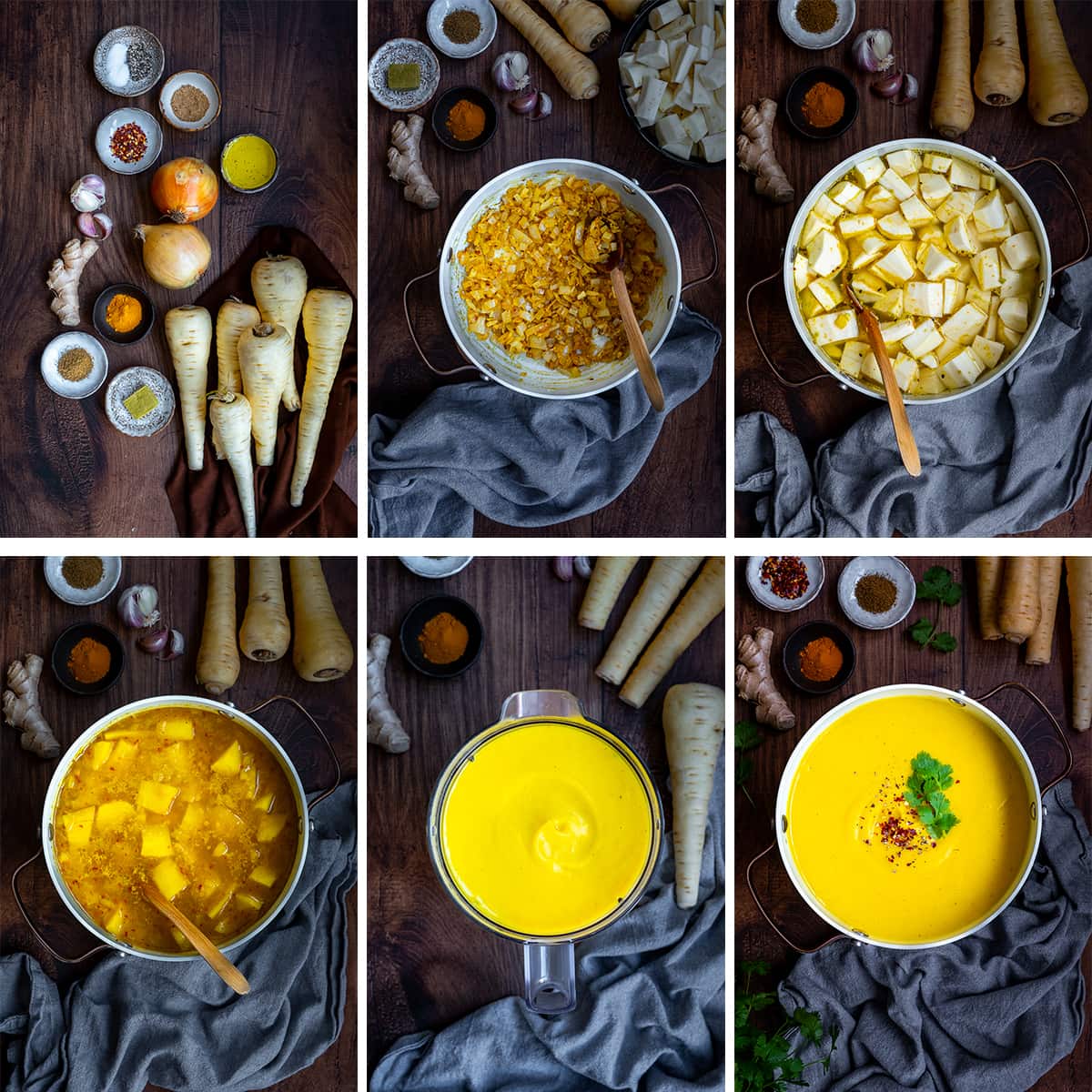 Collage showing 6 process shots for Spicy Parsnip Soup