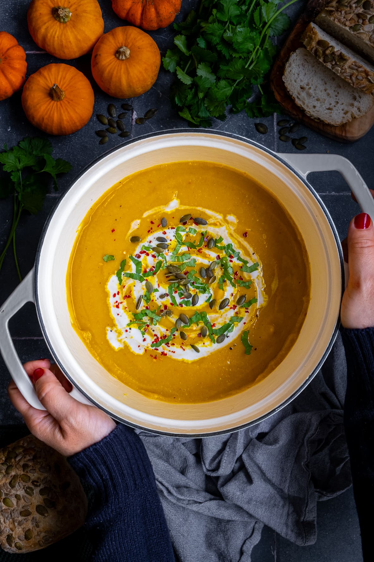 Overhead shot of Spicy Pumpkin Soup in the pan