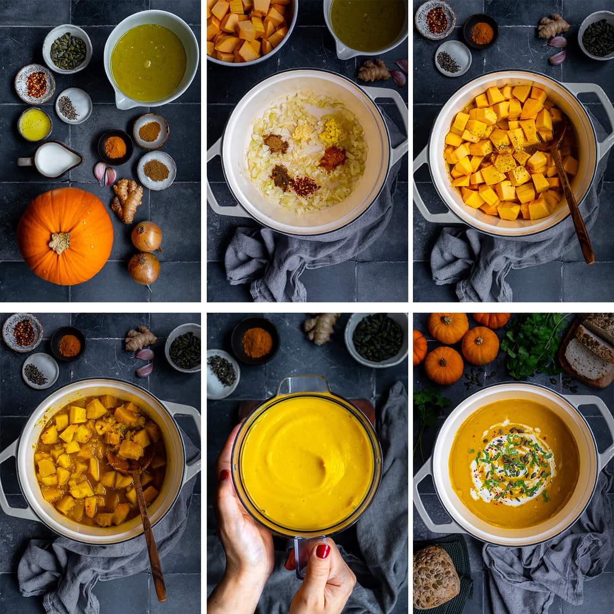 Collage showing 6 process shots for Spicy Pumpkin Soup