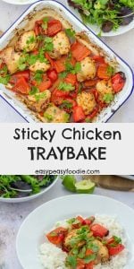 This quick and easy Sticky Chicken Traybake is inspired by a Mary Berry Recipe: chicken thighs are coated in a delicious mixture of soy sauce, honey, ginger, chilli and sesame oil and roasted in the oven. Delicious served with jasmine rice and roasted red peppers. #chicken #chickenthighs #stickychicken #maryberry #traybake #sheetpan #easydinners #midweekmeals #familydinners #easypeasyfoodie