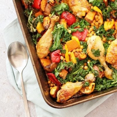 Sticky Harissa Chicken Traybake with Chickpeas and Kale