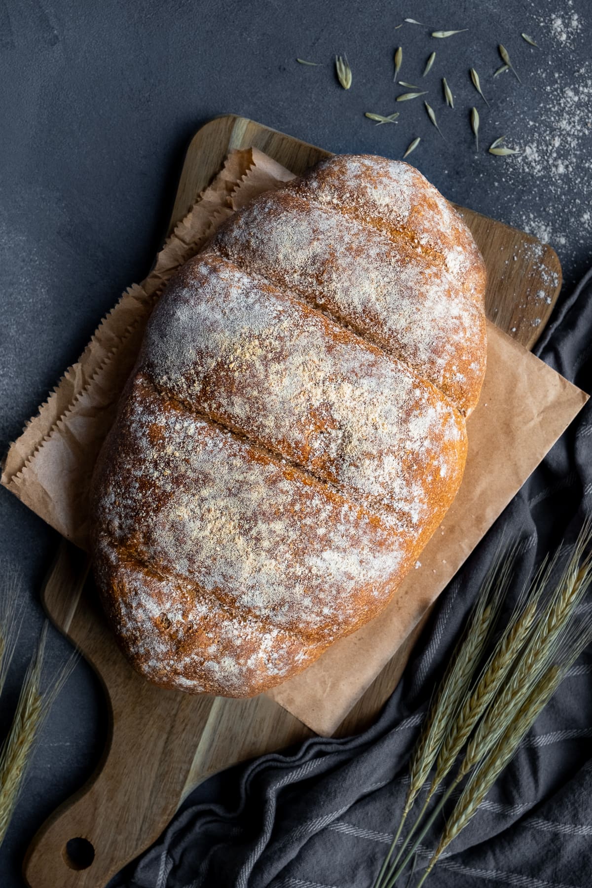 Overhead shot of a loaf of Super Simple Wholemeal Bread 