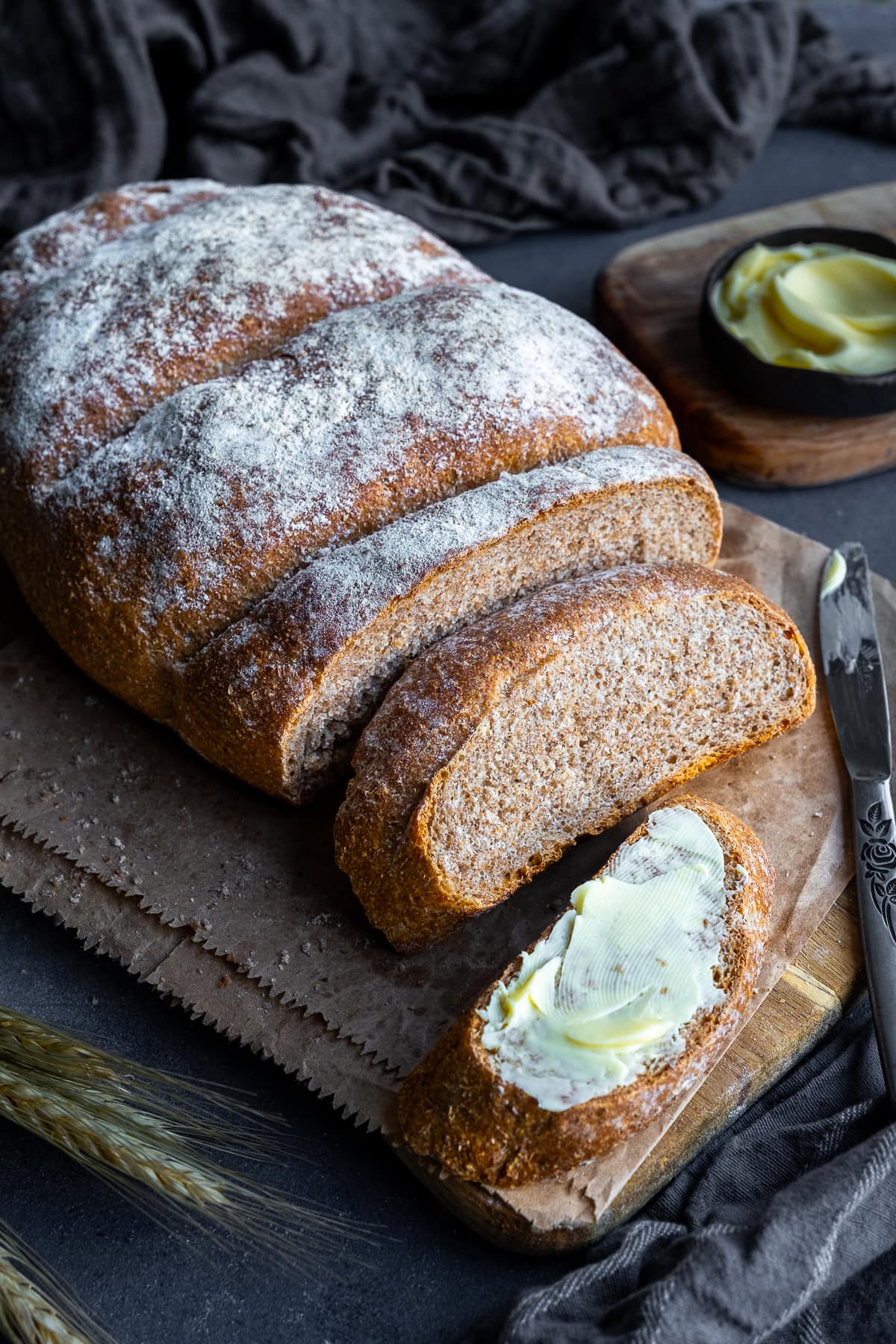 Super Simple Wholemeal Bread - sliced with butter