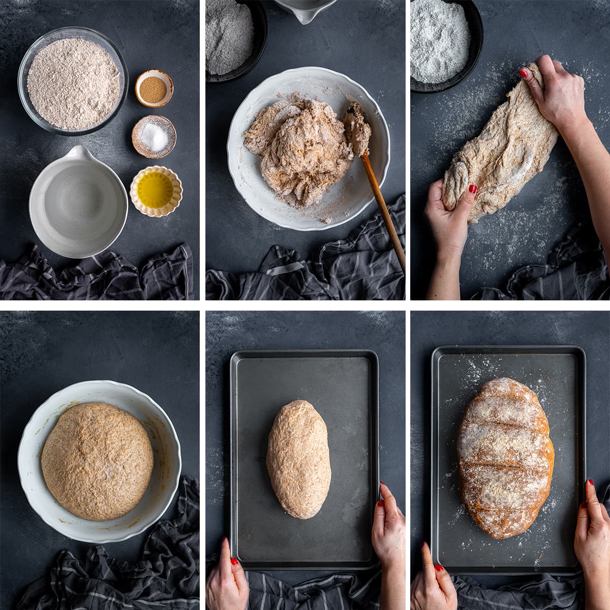 Collage showing 6 process shots for Super Simple Wholemeal Bread