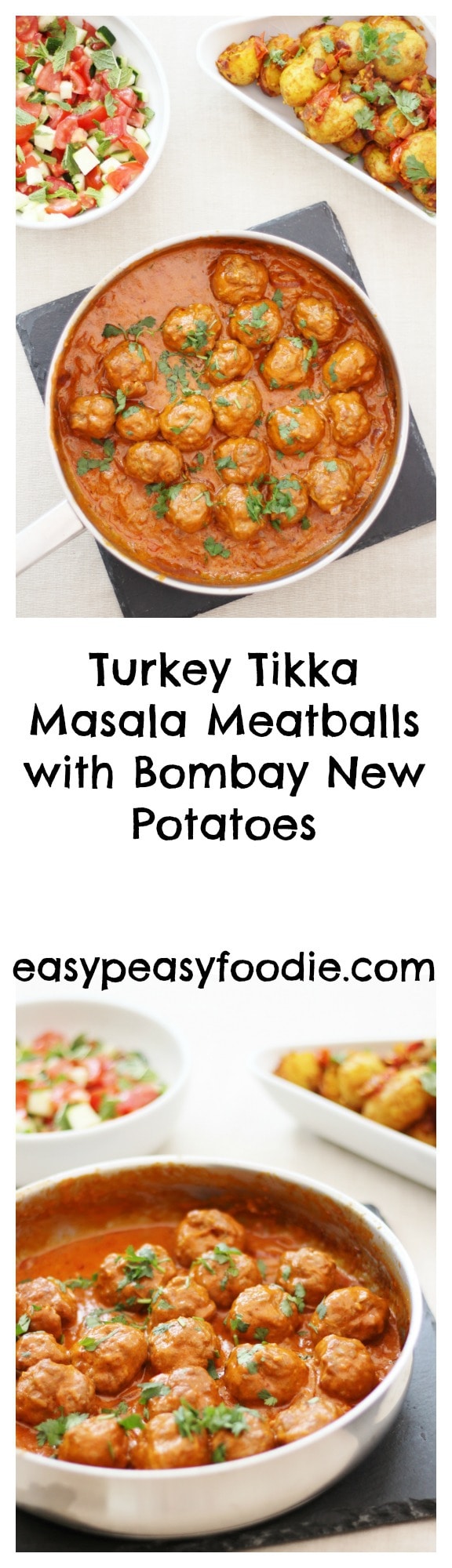 Turkey Tikka Masala Meatballs with Bombay New Potatoes - Pinnable image for Pinterest