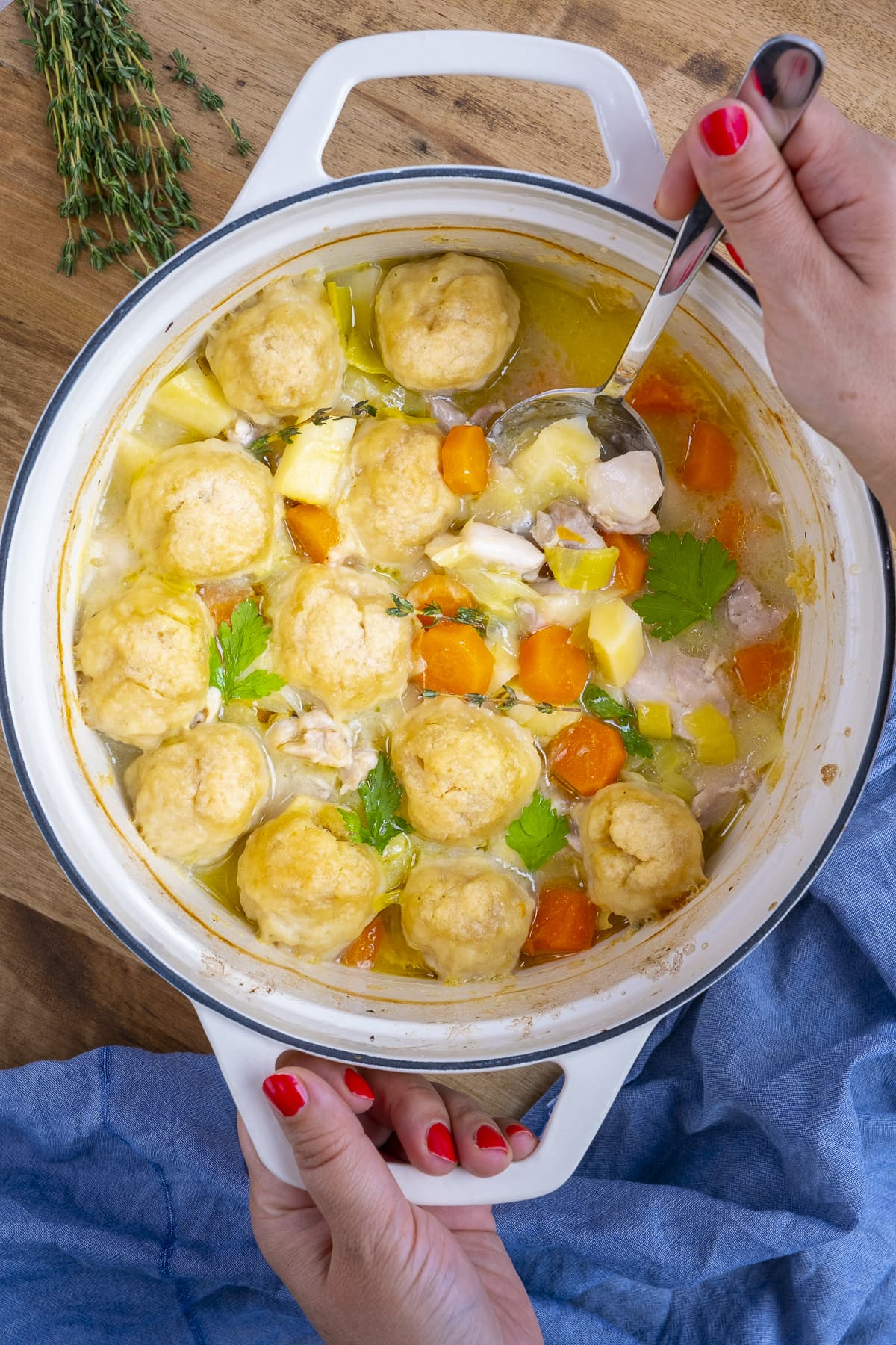 Overhead shot of Traditional British Suet Dumplings on top of a stew