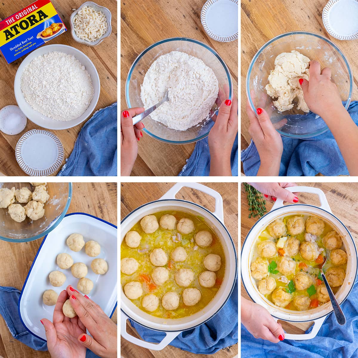 Collage showing 6 process shots for Traditional British Suet Dumplings