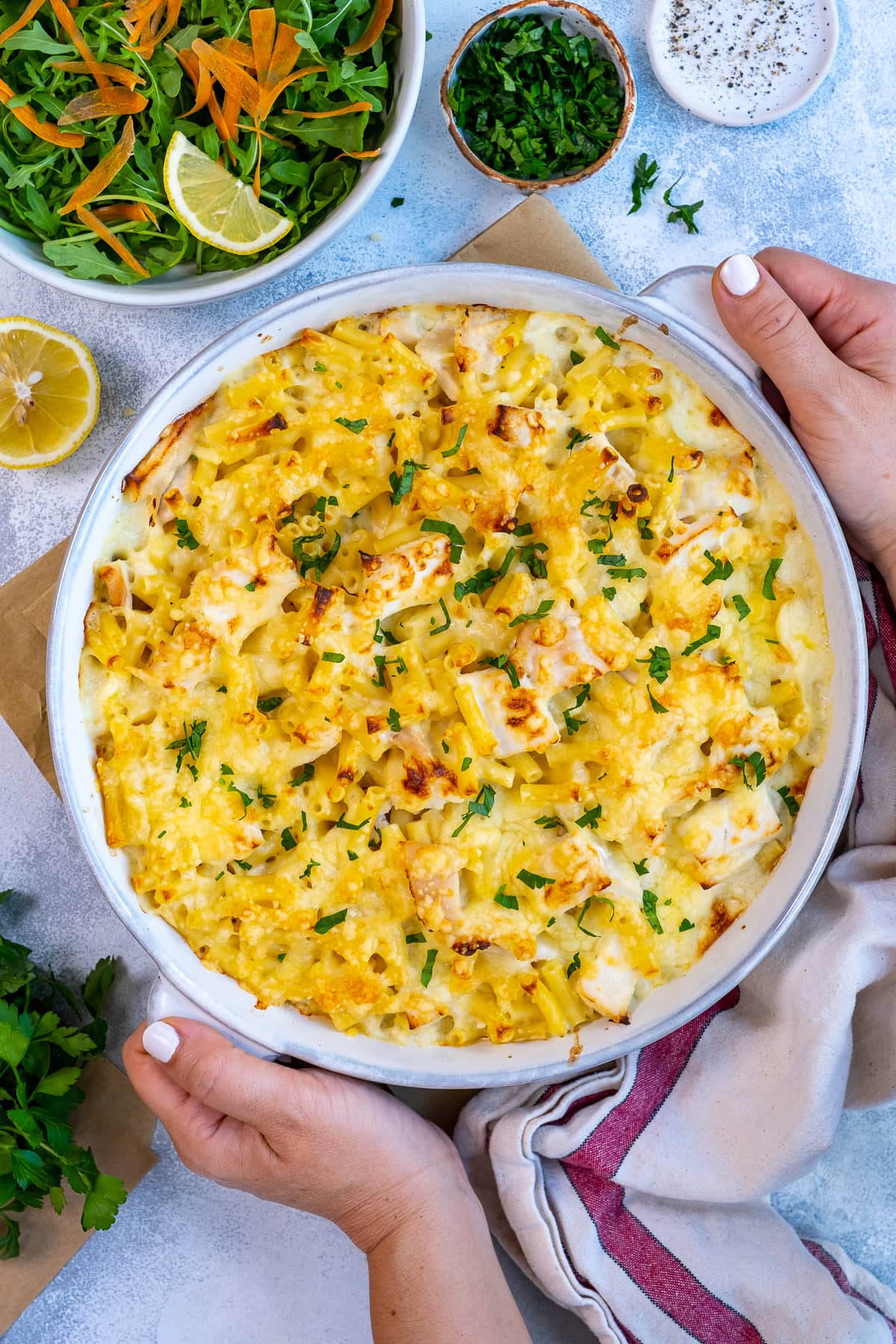 Overhead shot of Turkey Macaroni Cheese in the oven dish