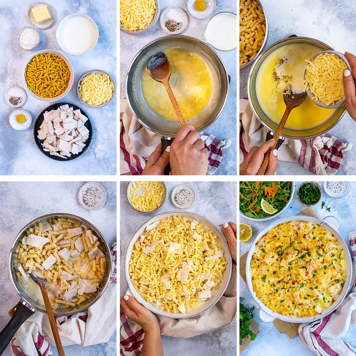 Collage showing 6 process shots for Turkey Macaroni Cheese