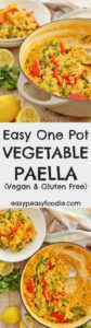 In need of easy, healthy, vegetarian comfort food? Then my Easy One Pot Vegetable Paella could be the answer! Packed full of veggies and spices, this flavourful one pot meal is quick and easy to make and a great way to remind you of summer when the weather outside is anything but! #easydinners #onepot #paella #vegetarian #vegan #glutenfree #dairyfree #comfortfood #easypeasyfoodie