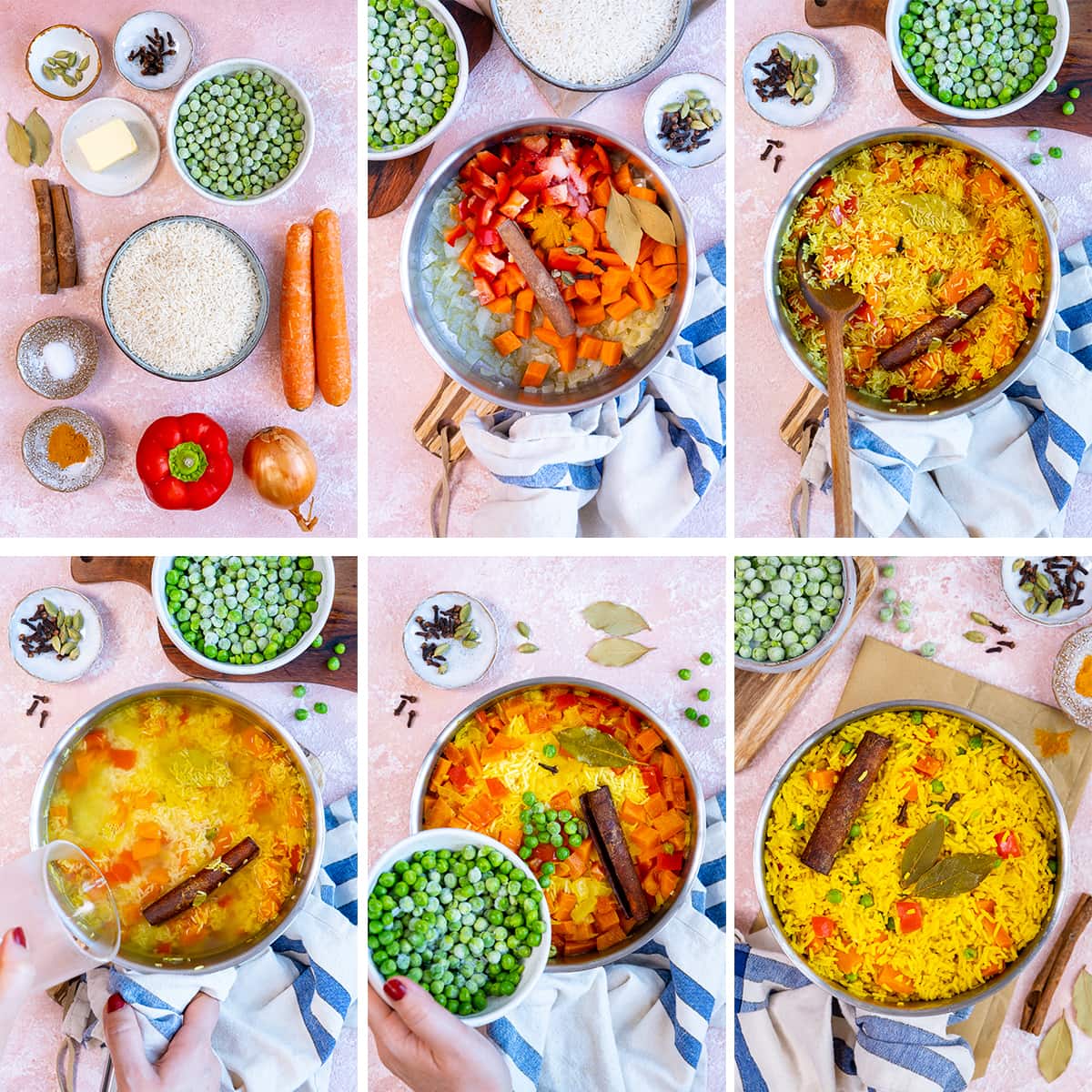 Collage showing 6 process shots for Vegetable Pilau Rice 