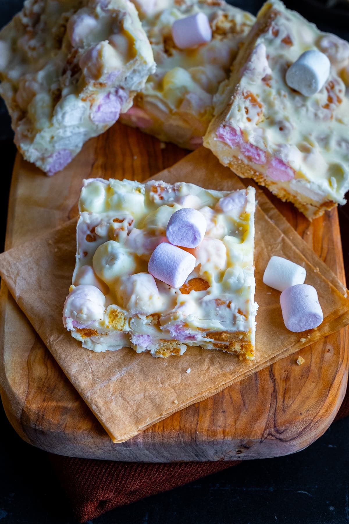 Closeup of 1 square of White Chocolate Rocky Road