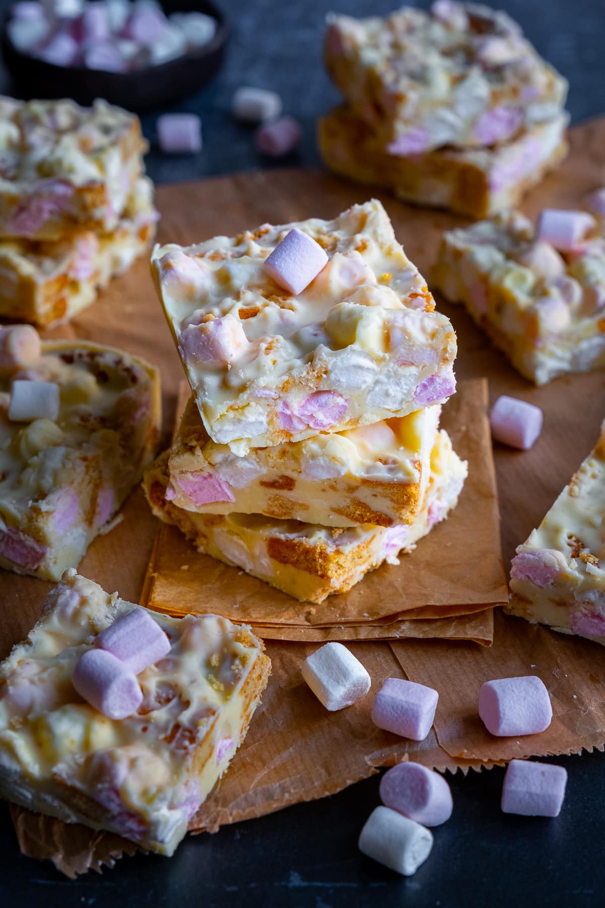 Lots of squares of White Chocolate Rocky Road