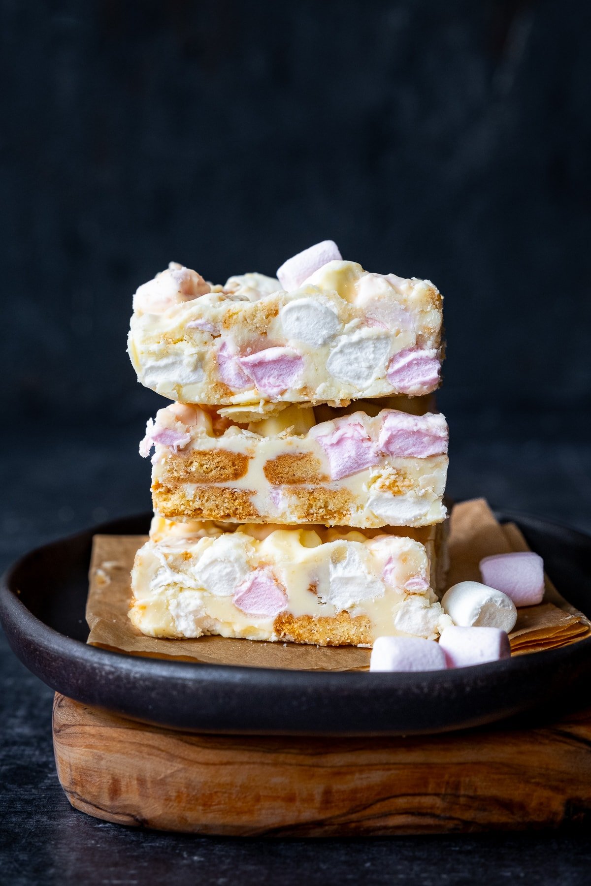 3 pieces of White Chocolate Rocky Road stacked on top of each other