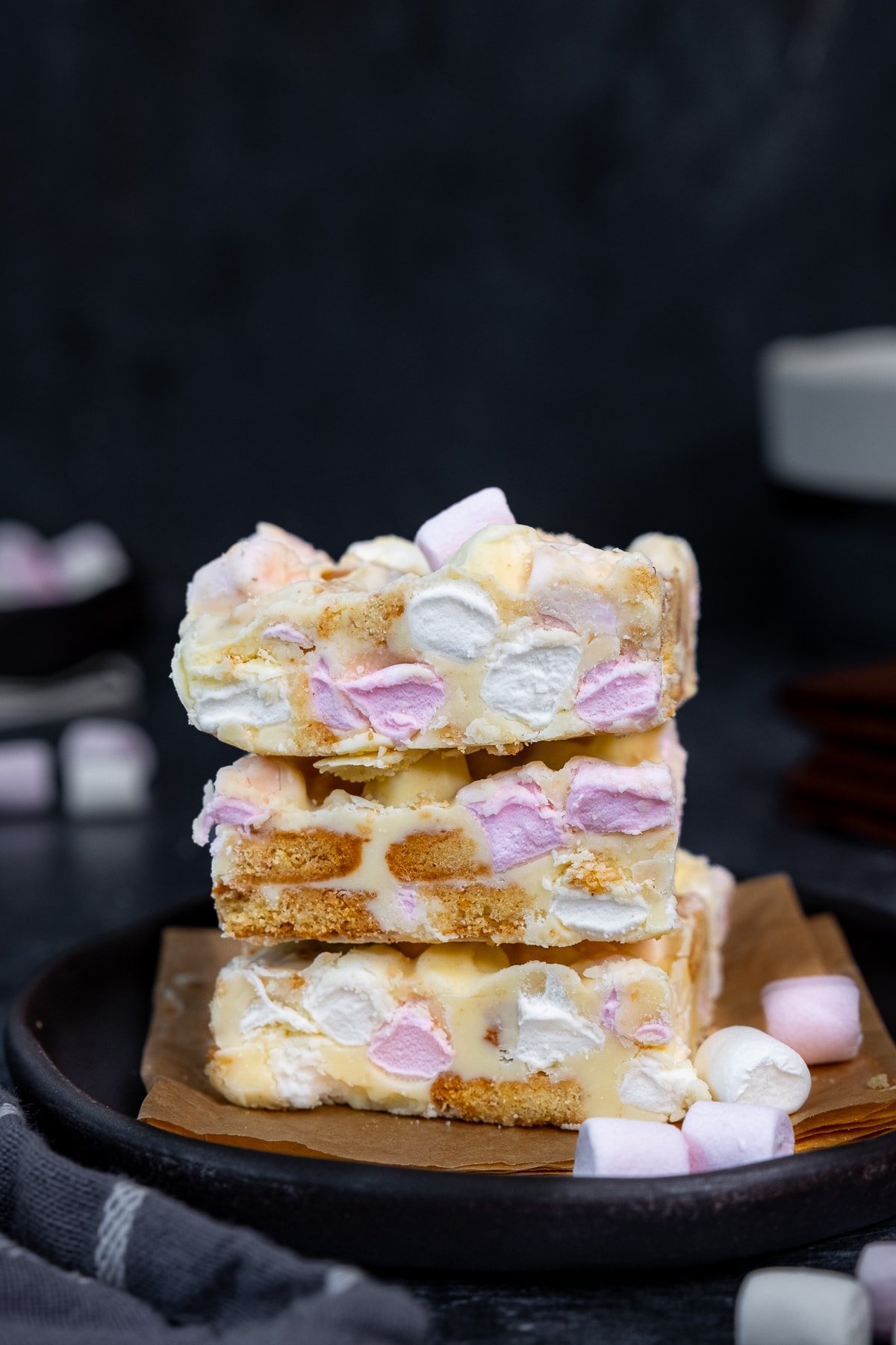 3 pieces of White Chocolate Rocky Road stacked on top of each other