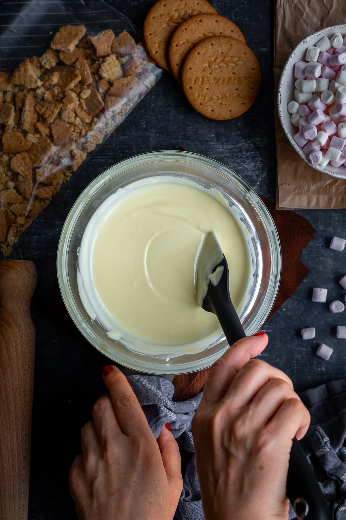 Overhead shot of melted white chocolate.