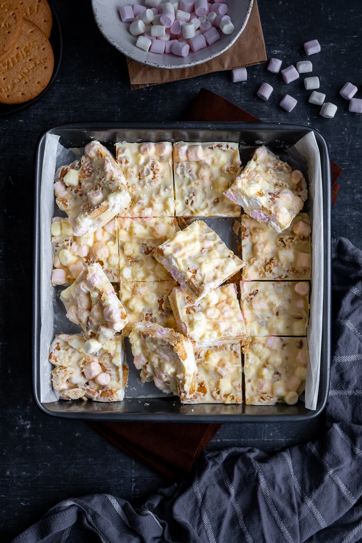 Overhead shot of White Chocolate Rocky Road in the tin