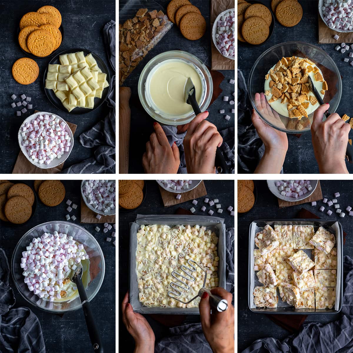 Collage showing 6 process shots for White Chocolate Rocky Road